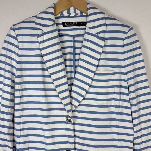 Lauren Ralph Lauren Striped Cotton Blazer Womens M Blue White Coastal Preppy - Picture 3 of 13